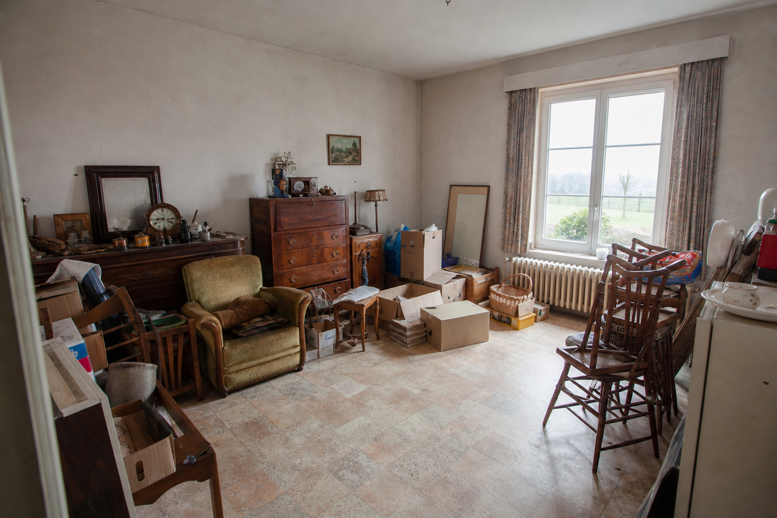 Vide maison villageoise avec grange à Alveringem : avant, en cours et après — avant débarras