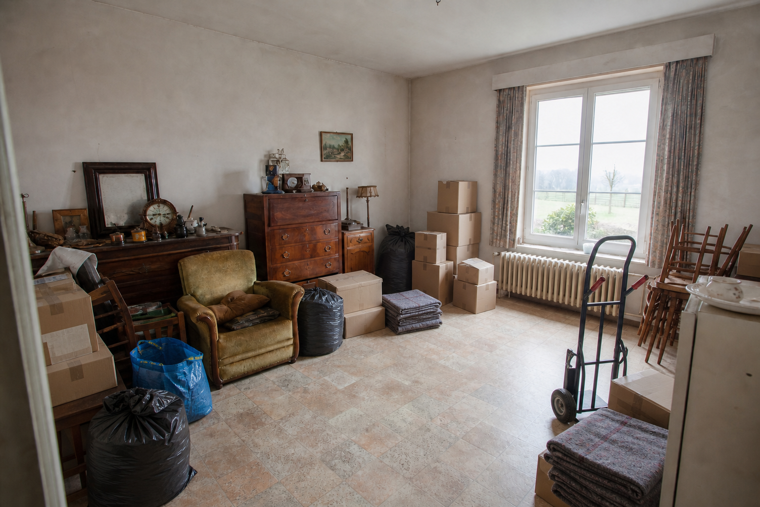 Vide maison villageoise avec grange à Alveringem : avant, en cours et après — intervention en cours