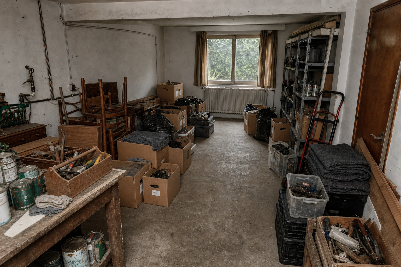 Débarras de cave et garage-atelier à Amay : avant, en cours et après — intervention en cours