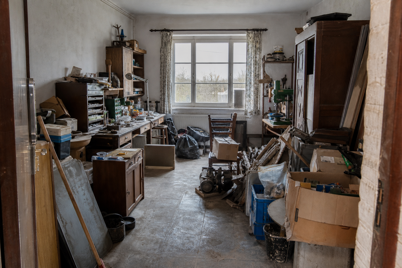 Vide garage-atelier à Ardooie : avant, en cours et après — avant débarras