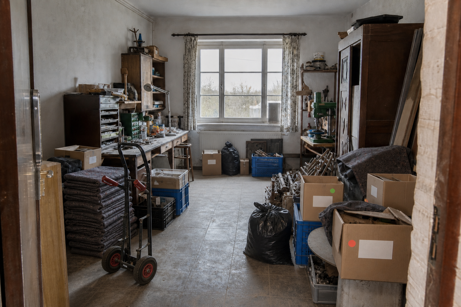 Vide garage-atelier à Ardooie : avant, en cours et après — intervention en cours