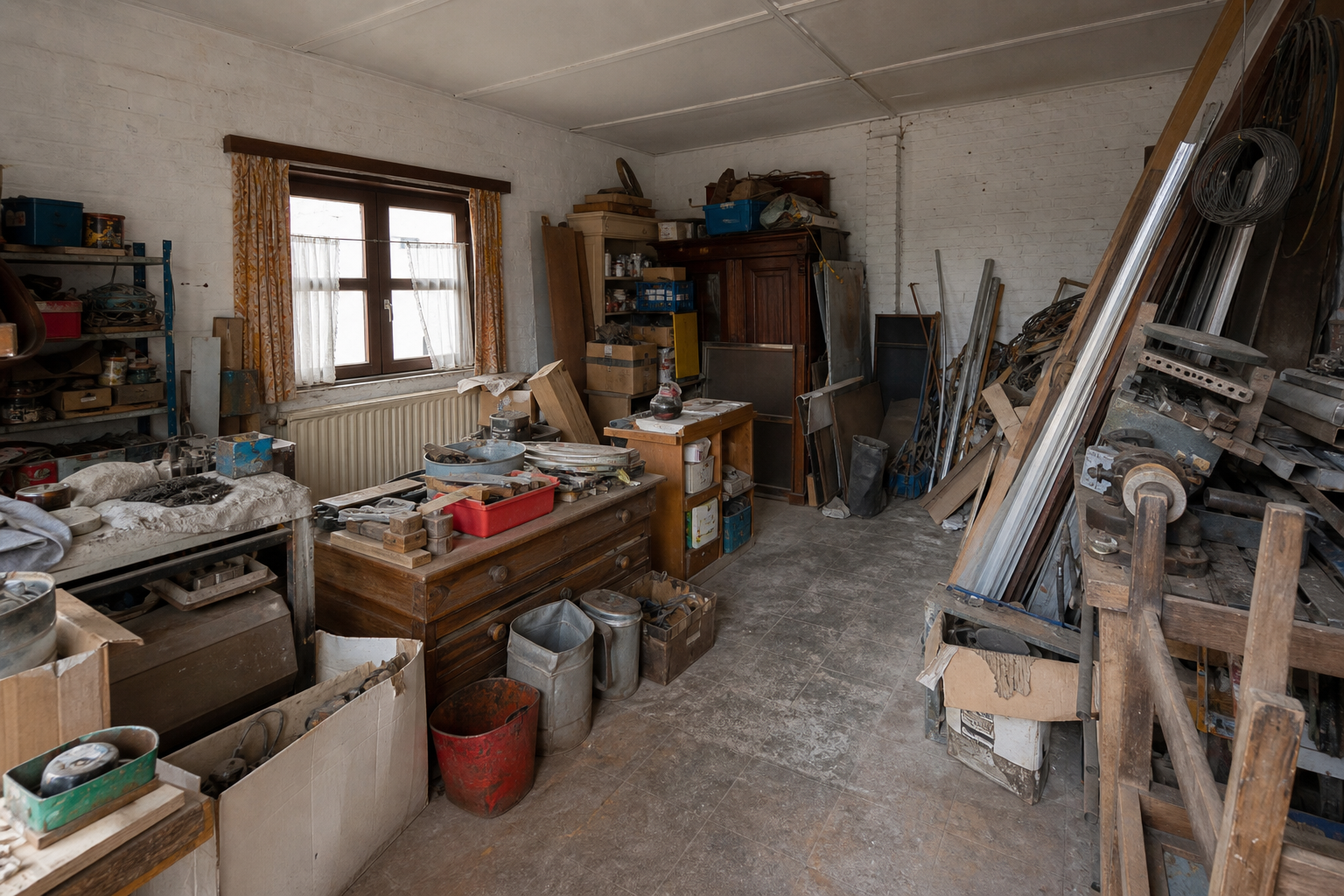 Vide garage-atelier à Begijnendijk : avant, en cours et après — avant débarras