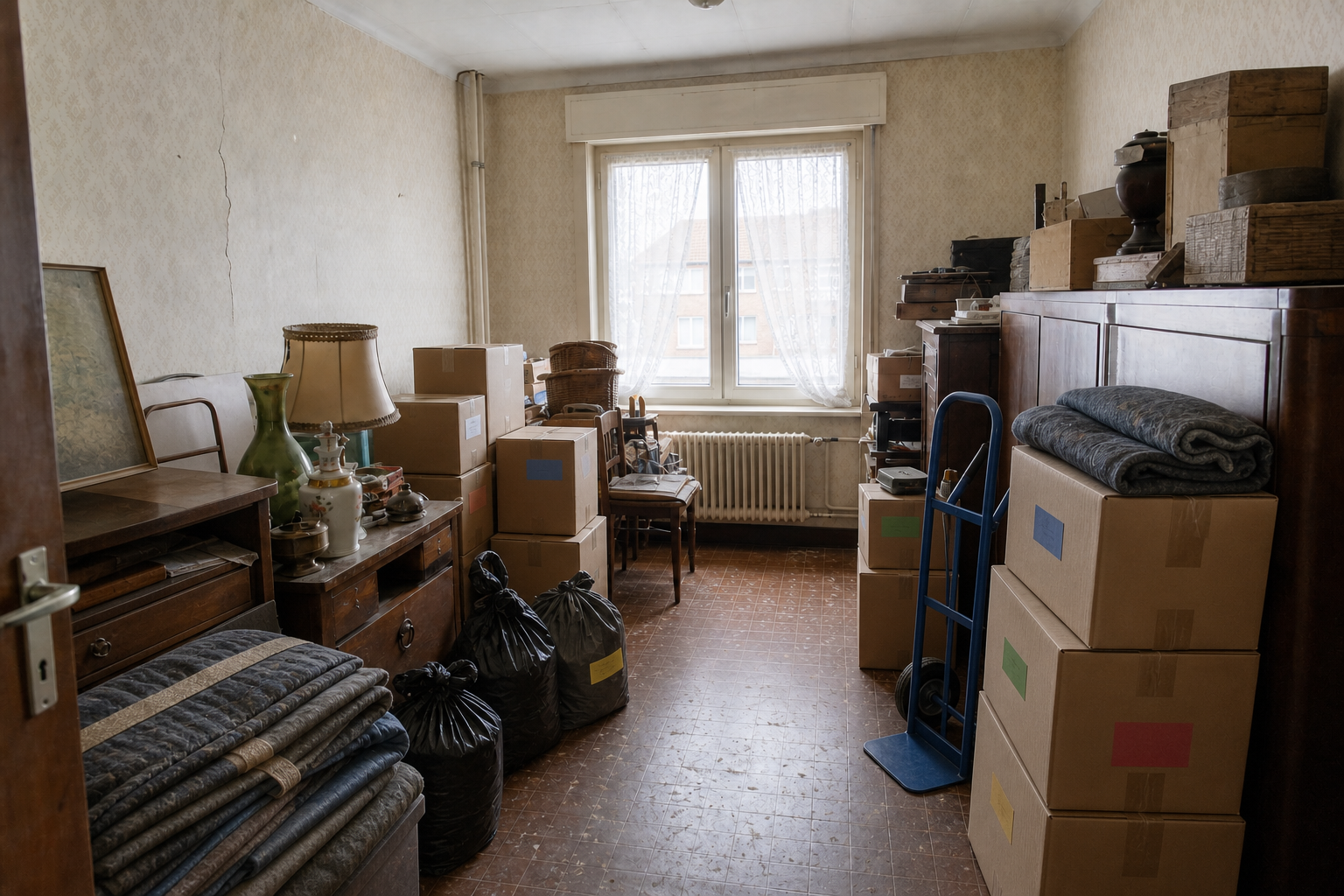 Vide maison minière avec remise à Beringen : avant, en cours et après — intervention en cours