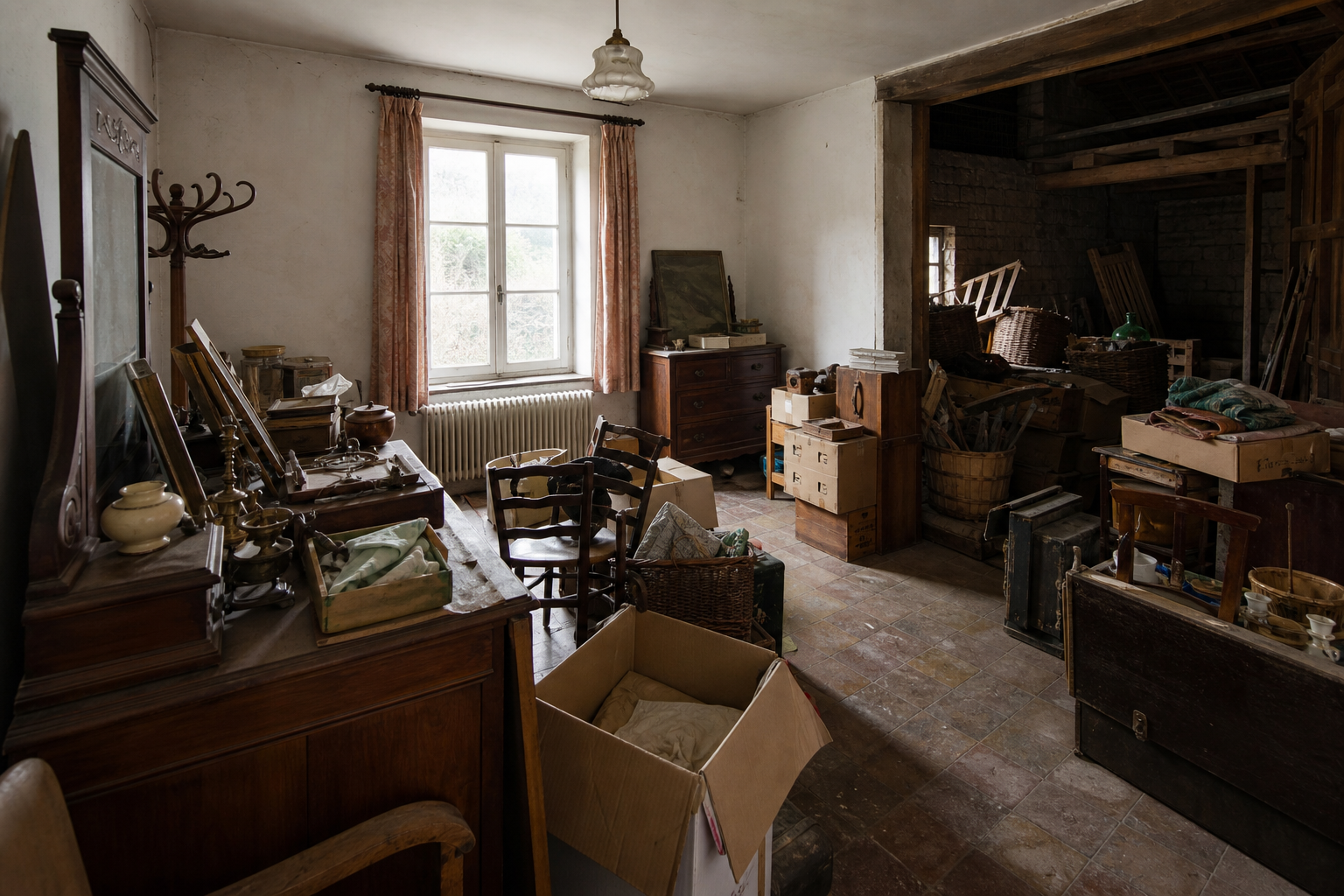Vide maison villageoise avec grange à Looz : avant, en cours et après — avant débarras