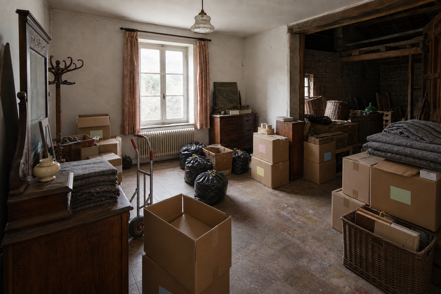 Vide maison villageoise avec grange à Looz : avant, en cours et après — intervention en cours