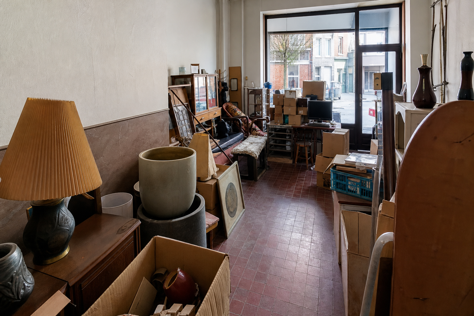 Vide commerce en rez-de-chaussée à Châtelet : avant, en cours et après — avant débarras