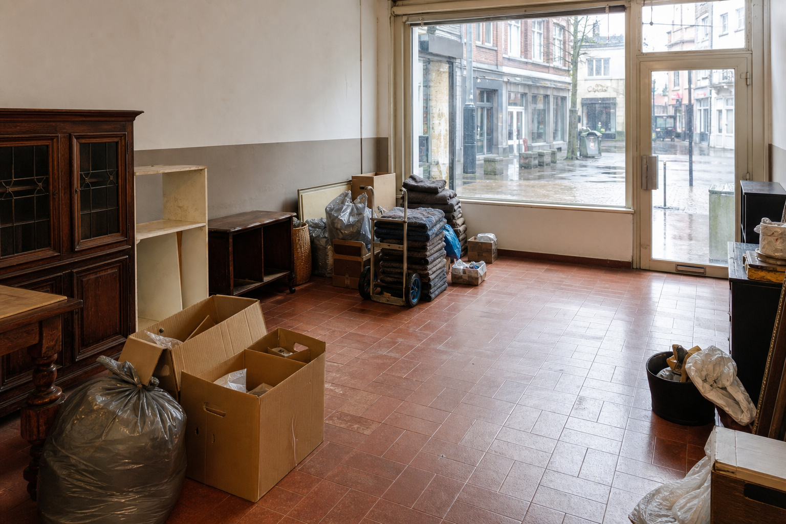 Vide commerce en rez-de-chaussée à Châtelet : avant, en cours et après — intervention en cours