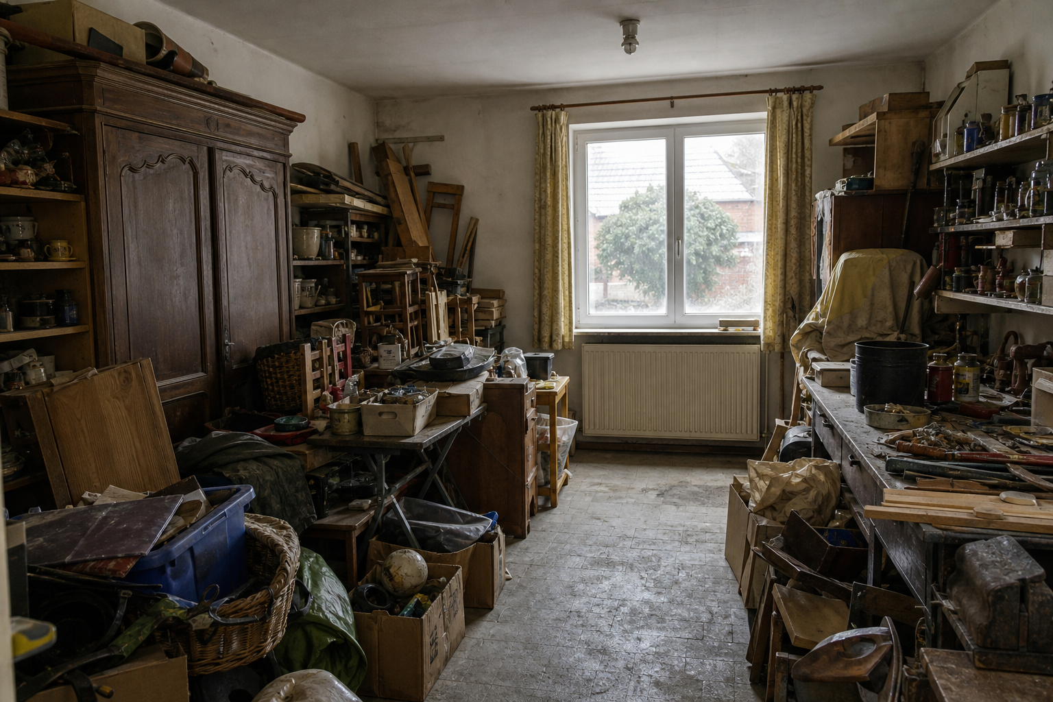 Vide garage-atelier à Chièvres : avant, en cours et après — avant débarras