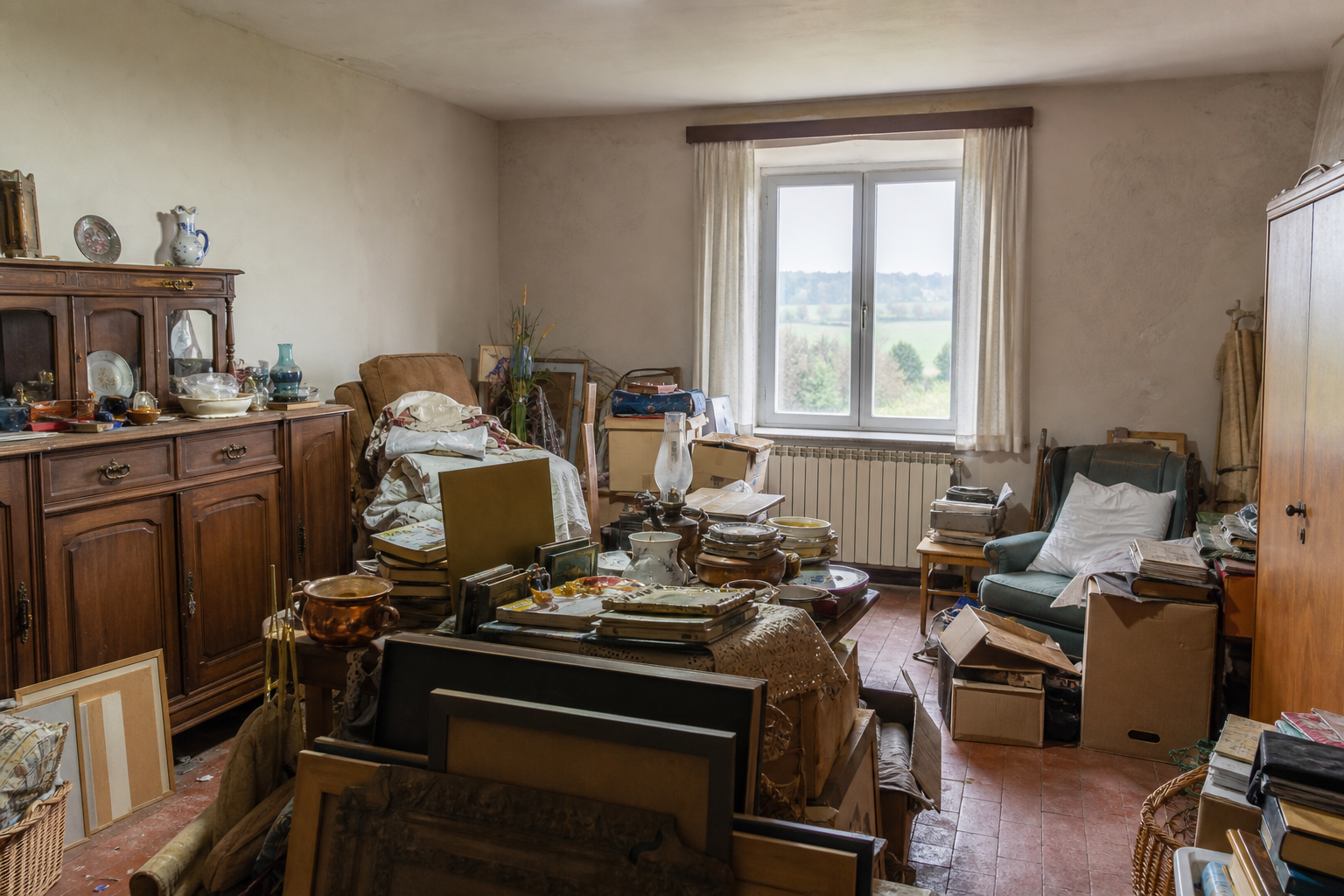 Vide maison condruzienne après départ en maison de repos à Clavier : avant, en cours et après — avant débarras