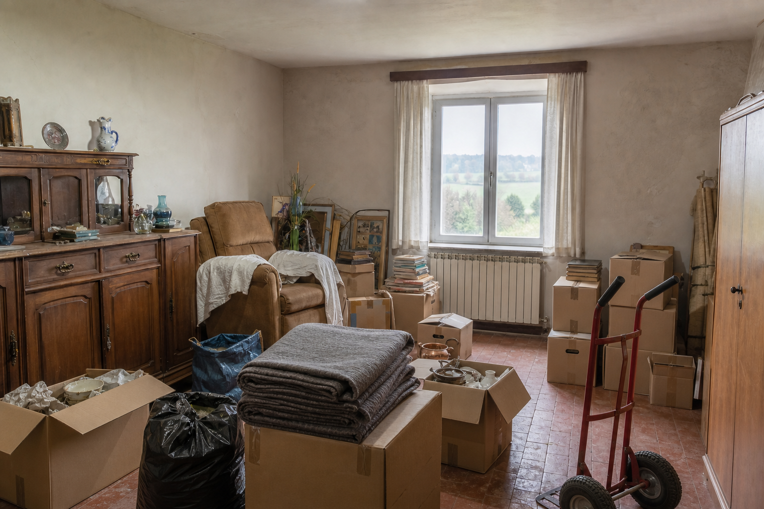 Vide maison condruzienne après départ en maison de repos à Clavier : avant, en cours et après — intervention en cours
