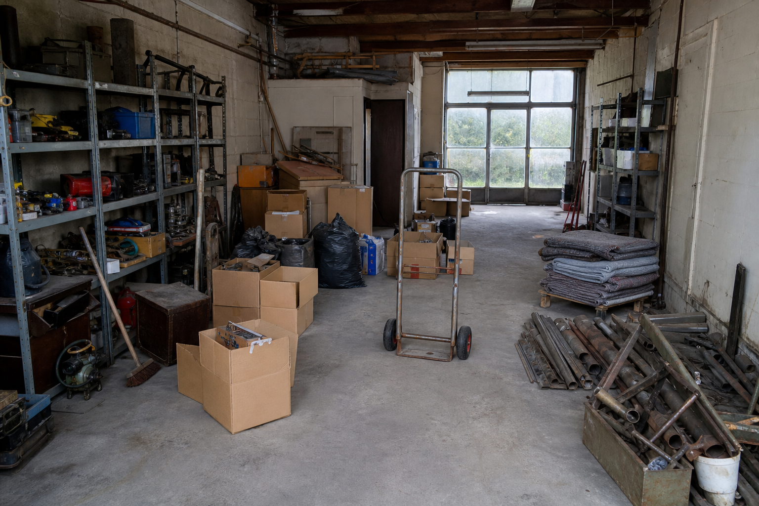 Vide garage-atelier à Crisnée : avant, en cours et après — intervention en cours