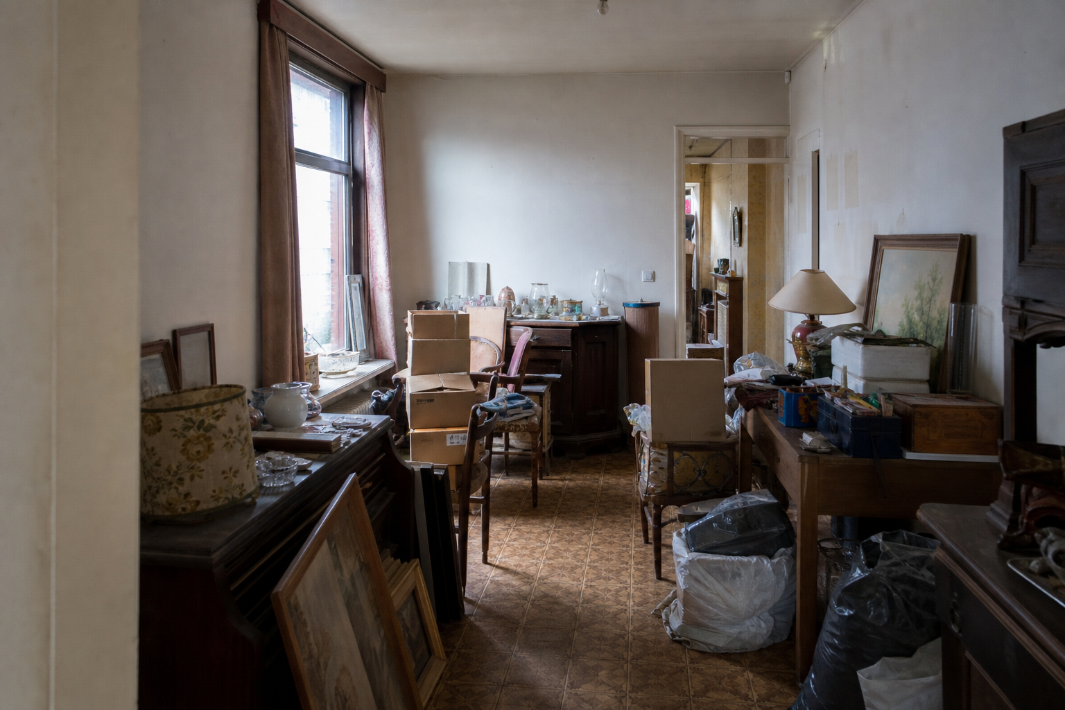 Vide maison ouvrière mitoyenne à Denderleeuw : avant, en cours et après — avant débarras