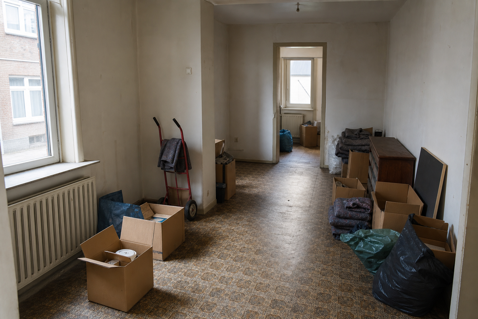 Vide maison ouvrière mitoyenne à Denderleeuw : avant, en cours et après — intervention en cours