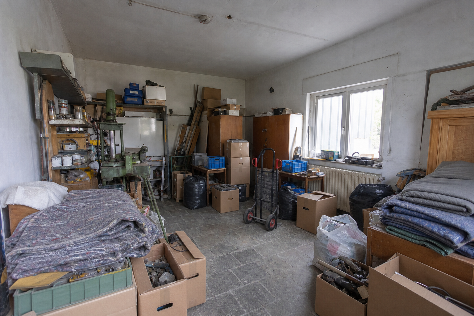 Vide garage-atelier à Dessel : avant, en cours et après — intervention en cours