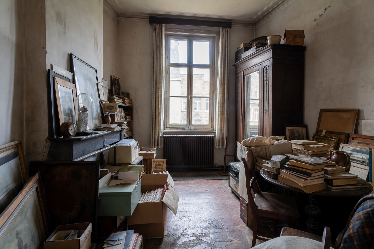 Vide maison ancienne en centre historique à Diest : avant, en cours et après — avant débarras