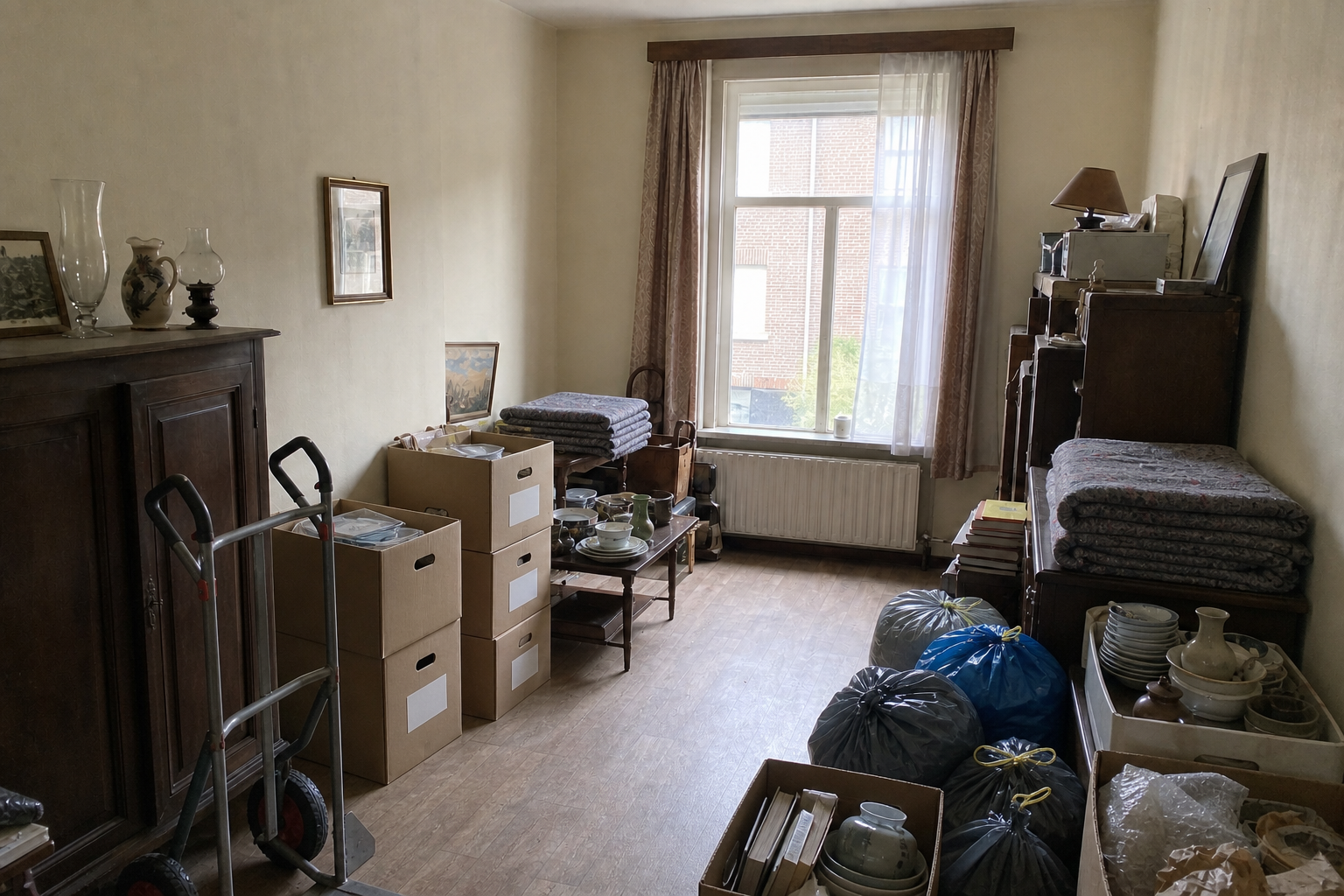 Vide maison mitoyenne à Duffel : avant, en cours et après — intervention en cours