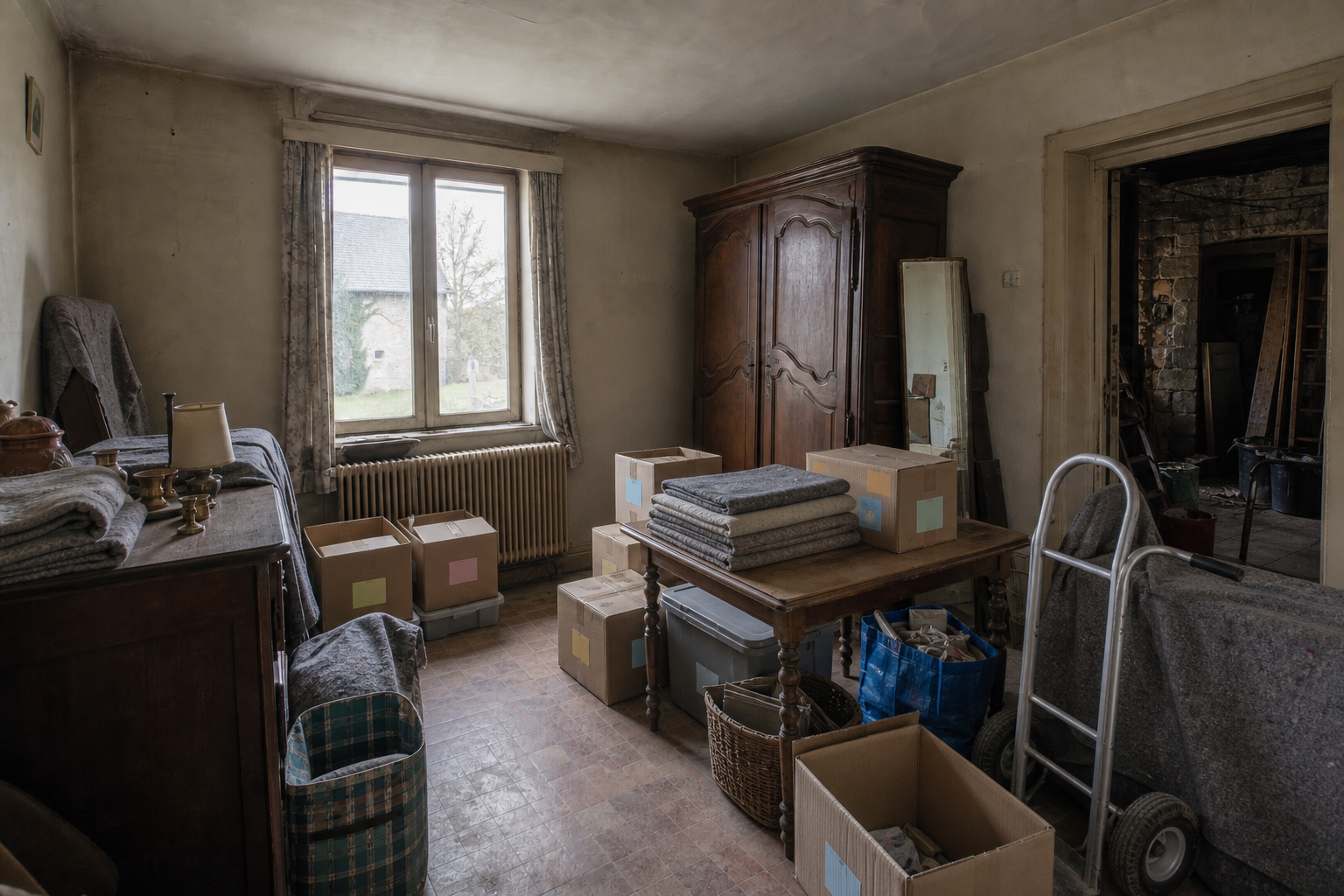 Vide maison villageoise avec grange à Éghezée : avant, en cours et après — intervention en cours