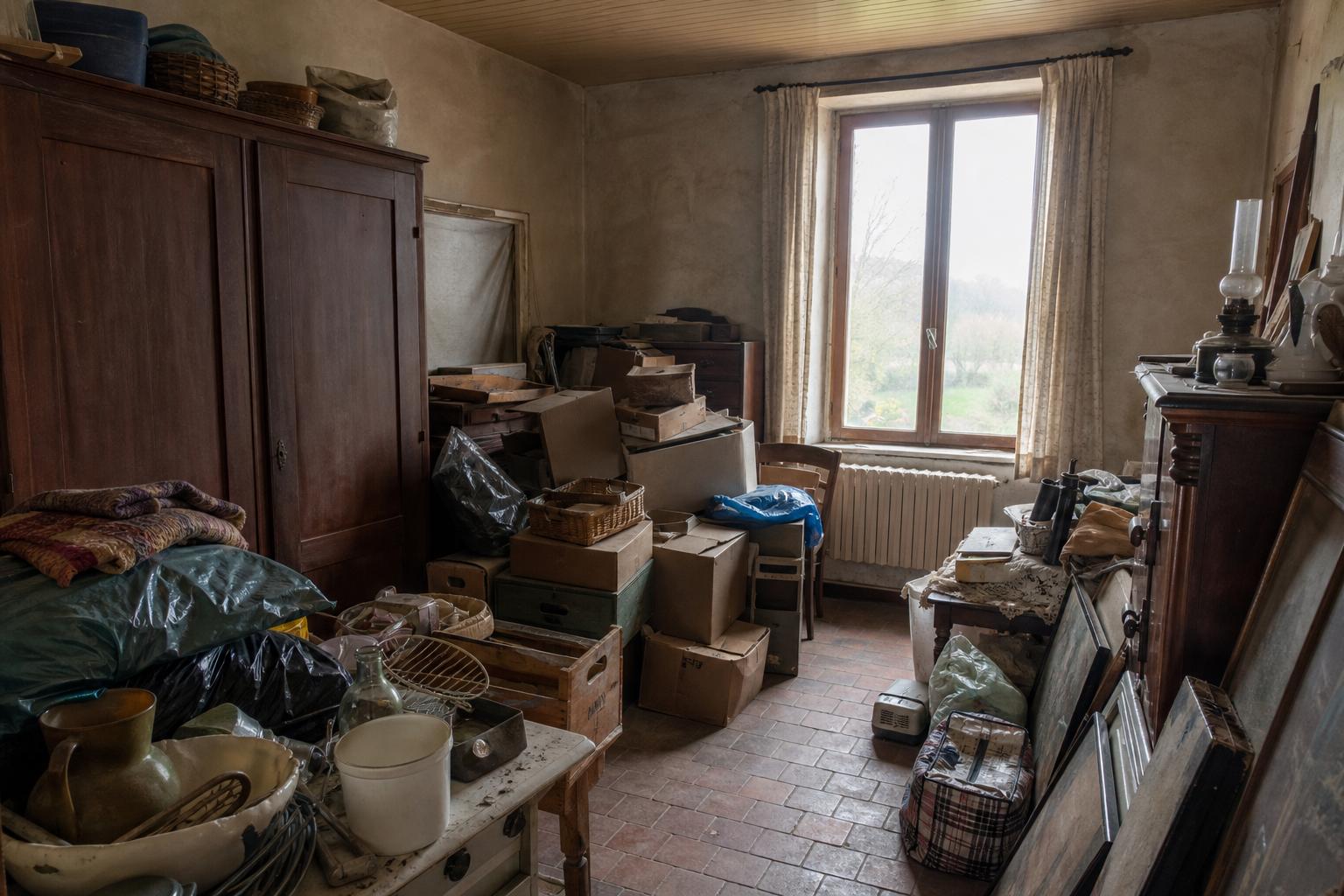 Vide fermette avec dépendances à Ellezelles : avant, en cours et après — avant débarras