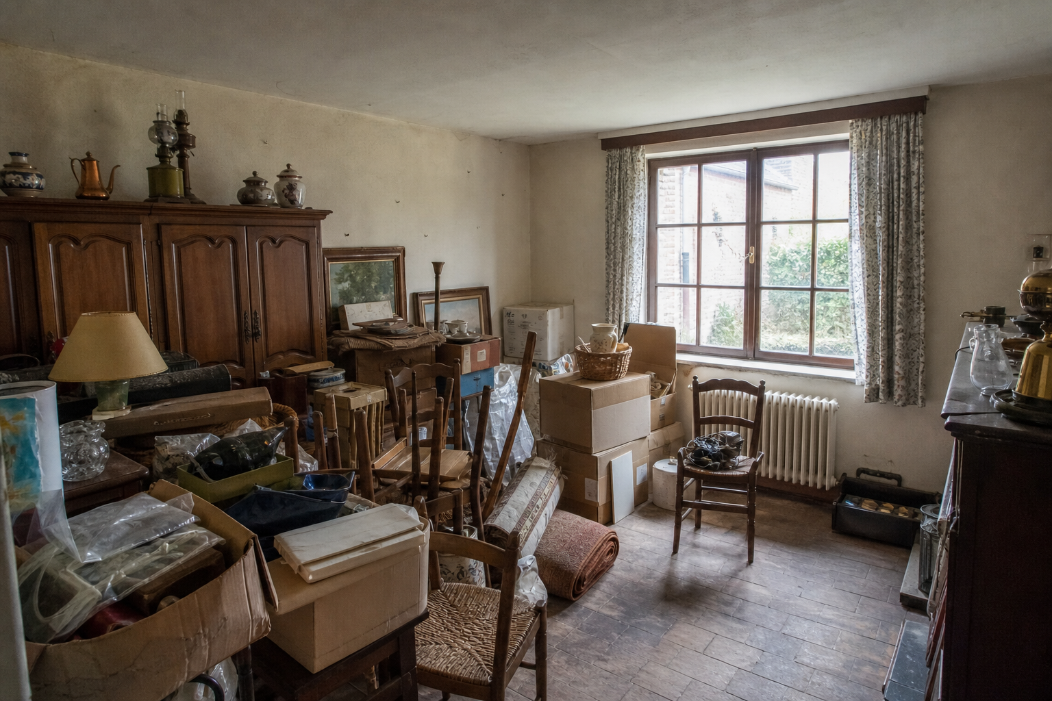 Vide maison villageoise avec grange à Estinnes : avant, en cours et après — avant débarras