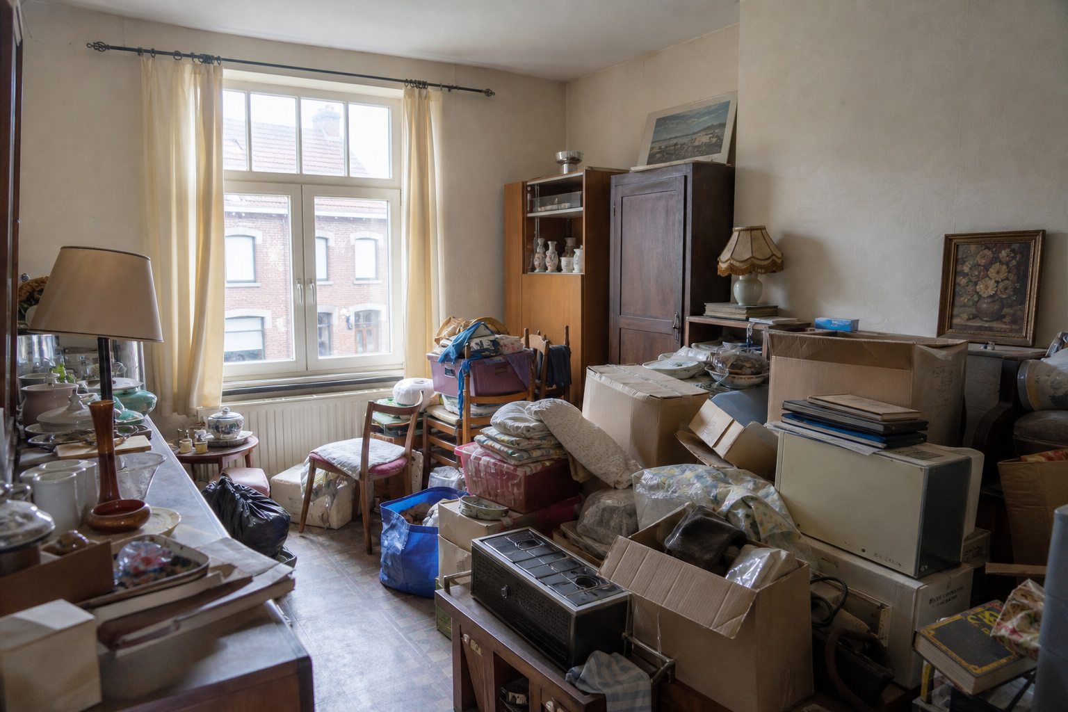 Vide maison ouvrière à Flémalle : avant, en cours et après — avant débarras