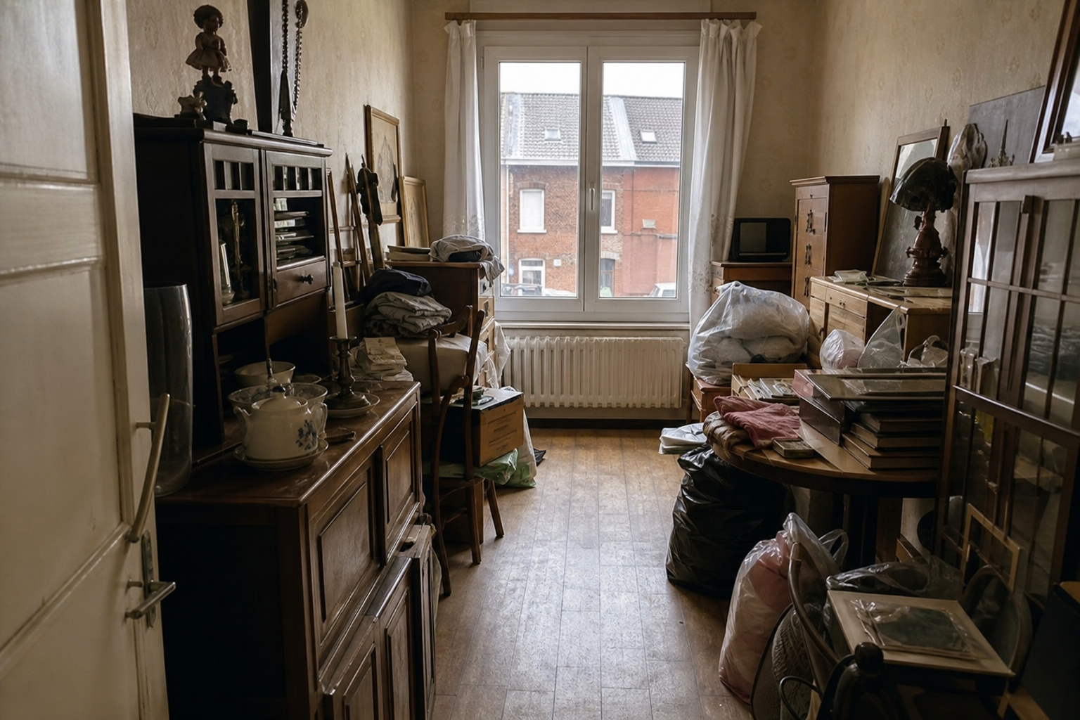 Vide maison ouvrière à Frameries : avant, en cours et après — avant débarras