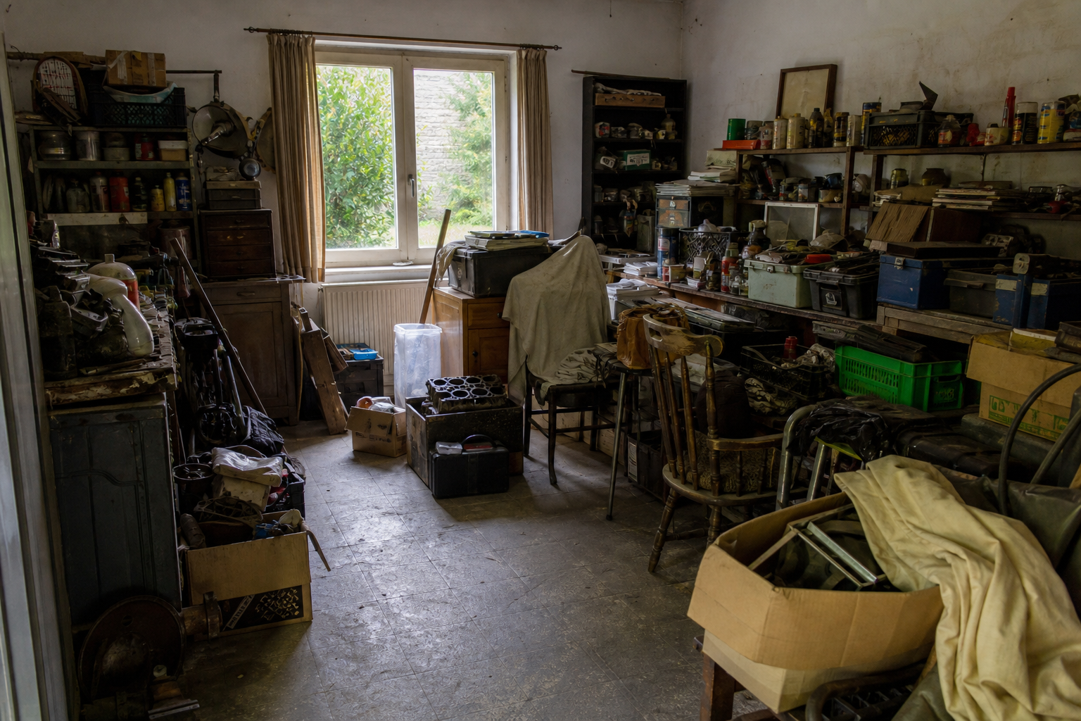Vide garage-atelier à Gesves : avant, en cours et après — avant débarras