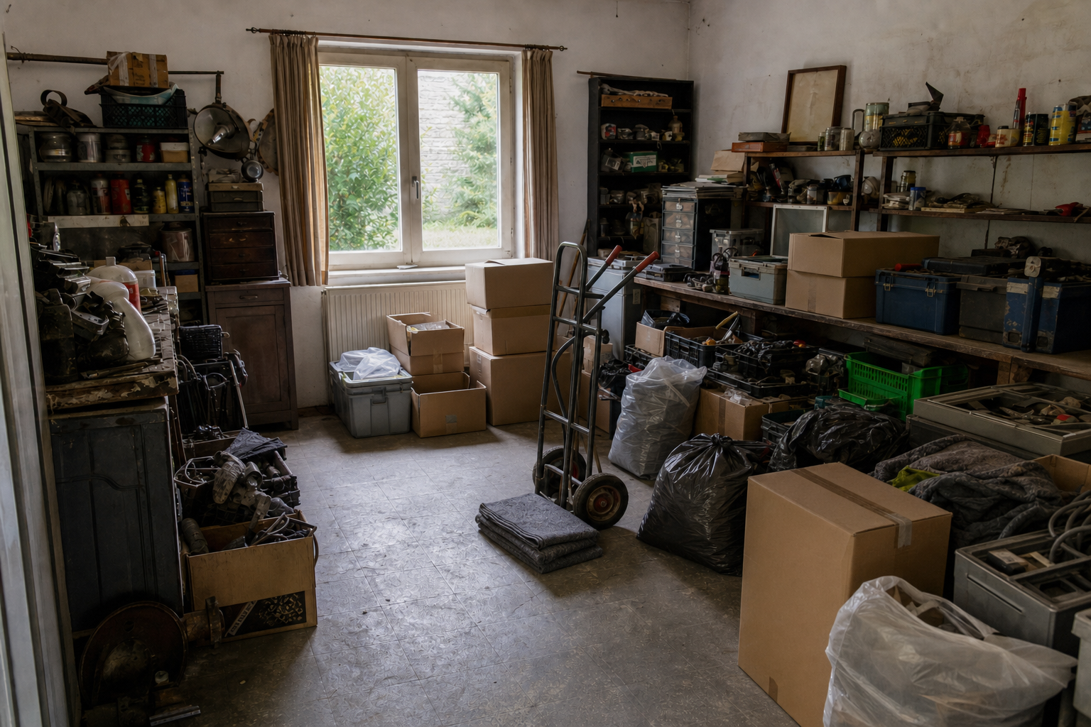 Vide garage-atelier à Gesves : avant, en cours et après — intervention en cours