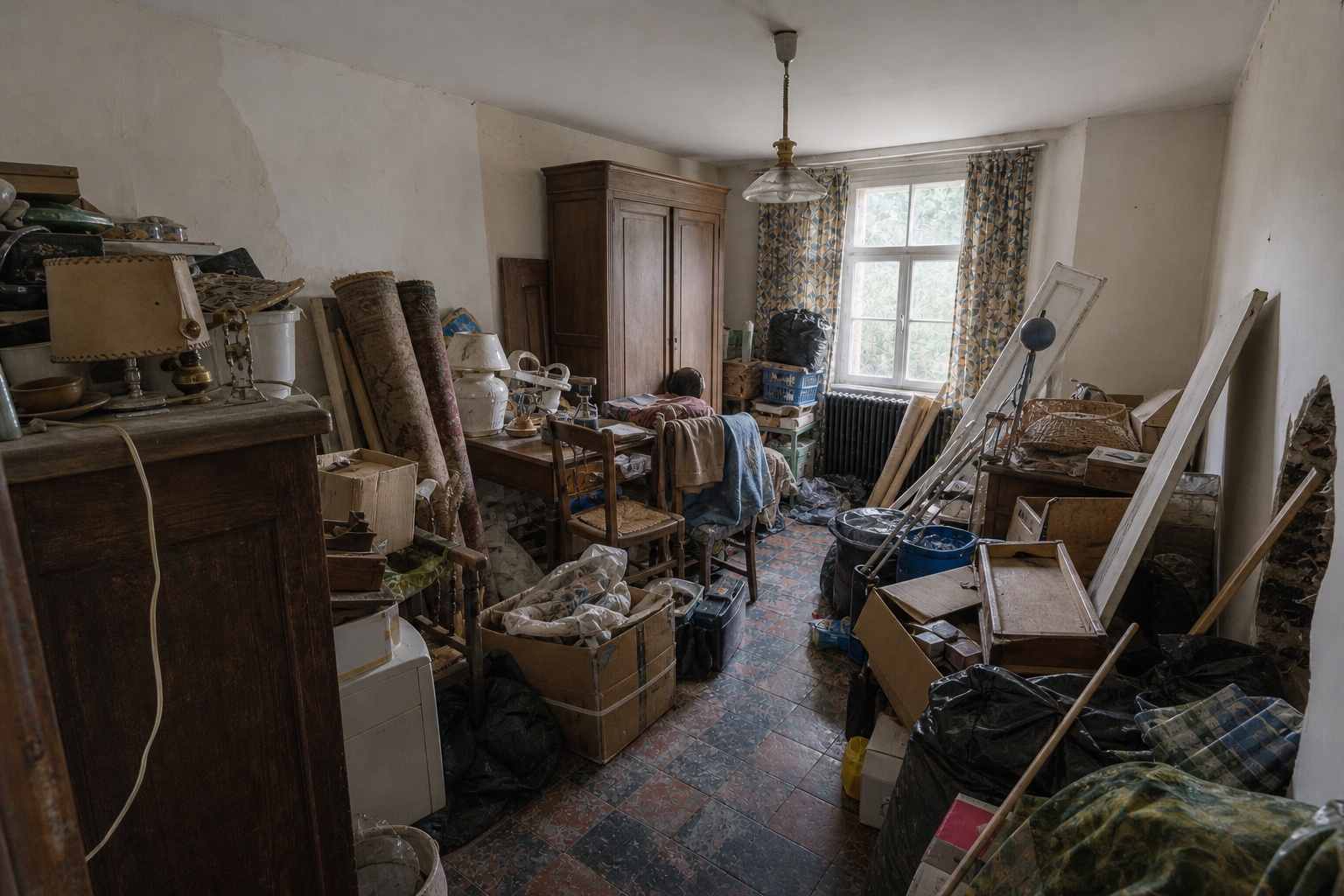 Vide maison quatre façades à Gistel : avant, en cours et après — avant débarras