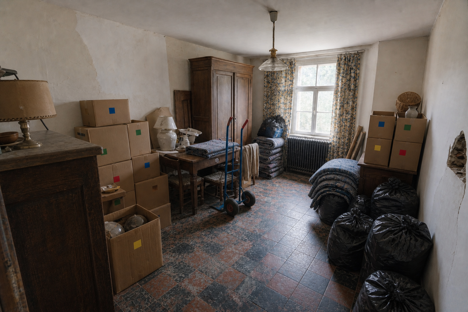Vide maison quatre façades à Gistel : avant, en cours et après — intervention en cours