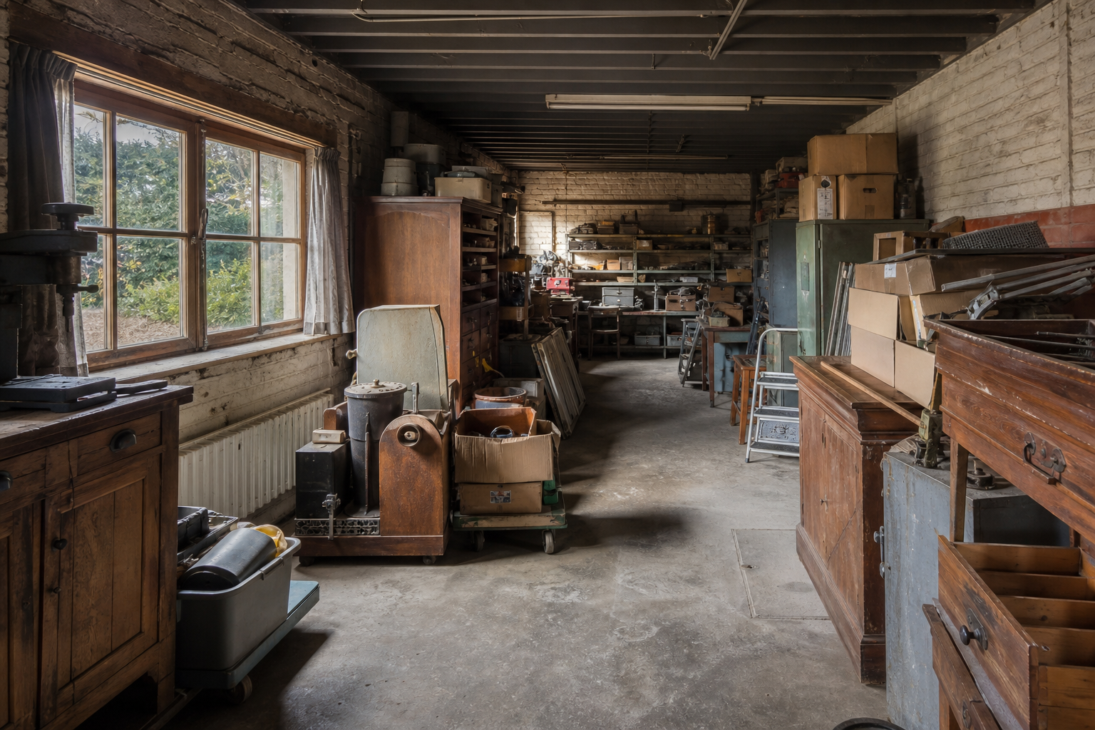 Vide garage-atelier à Gooik : avant, en cours et après — avant débarras