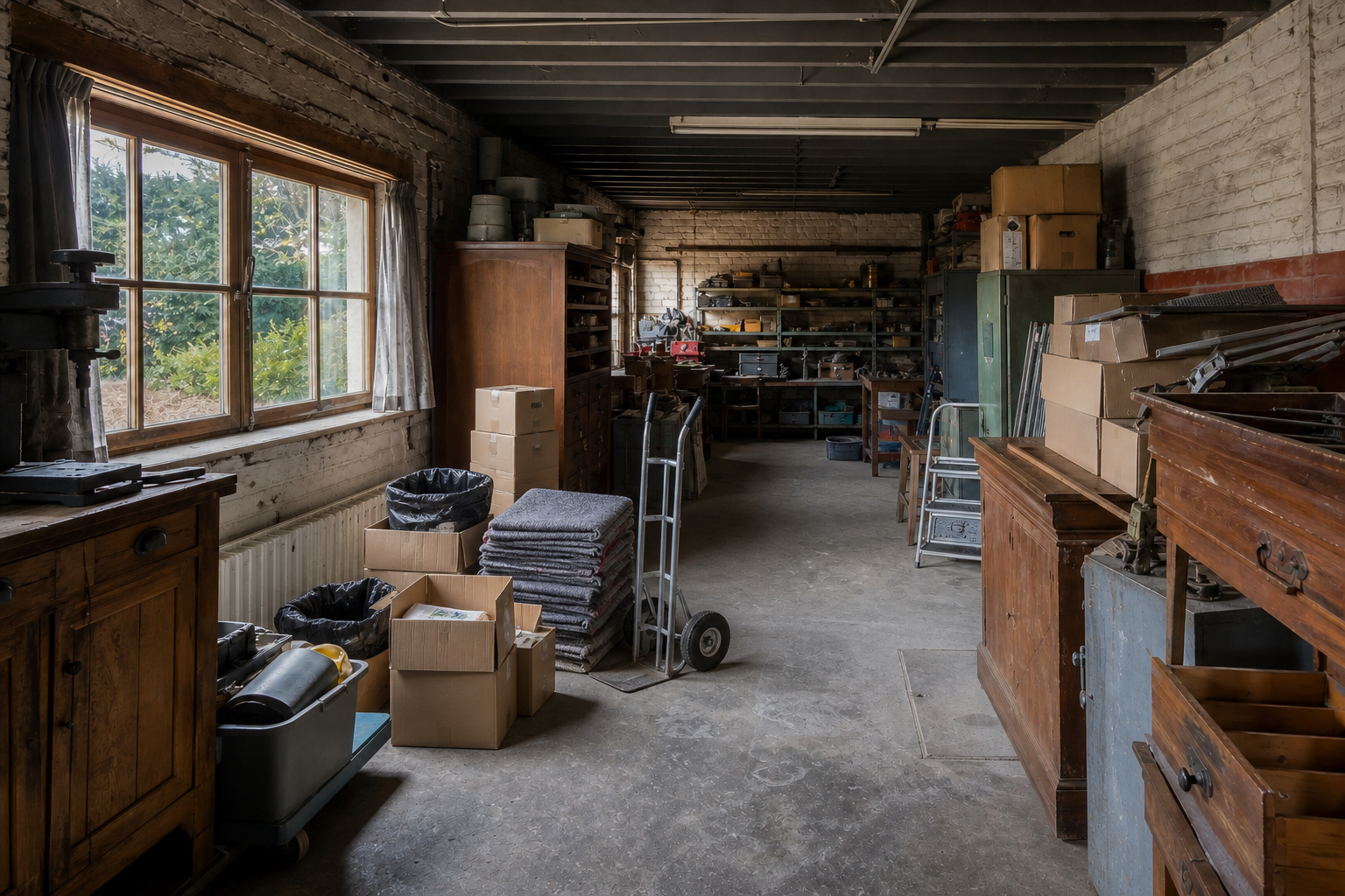 Vide garage-atelier à Gooik : avant, en cours et après — intervention en cours