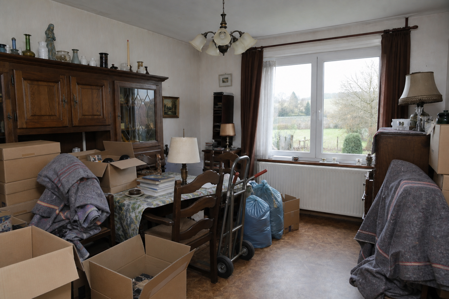 Vide maison quatre façades à Gouvy : avant, en cours et après — intervention en cours