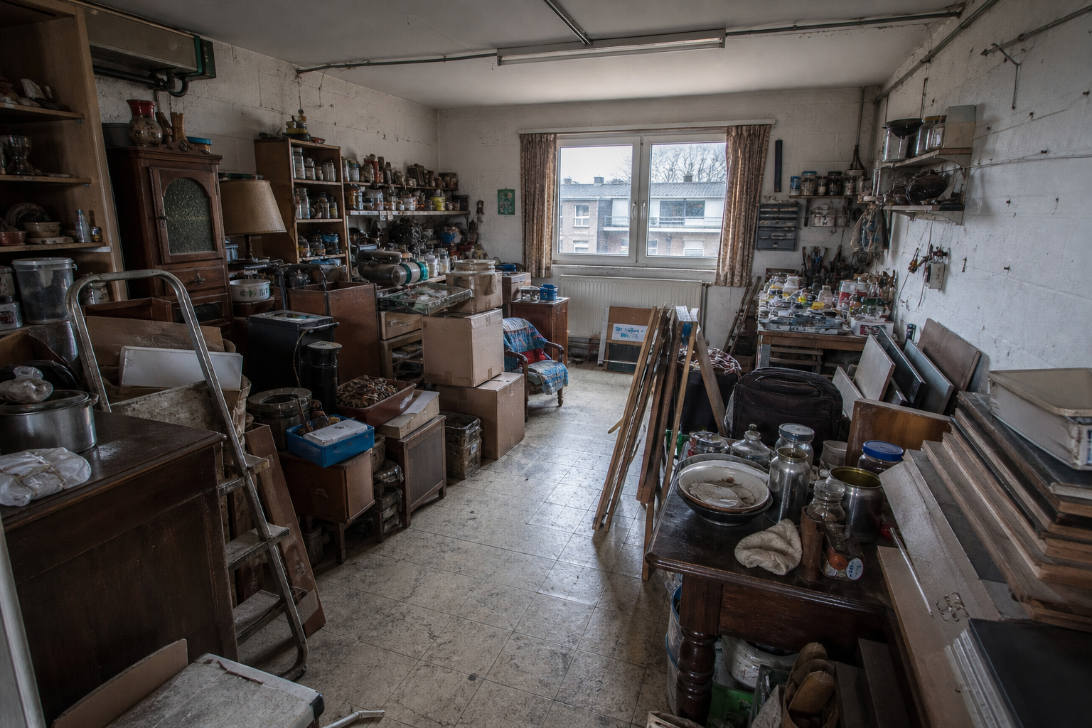 Vide garage-atelier à Grâce-Hollogne : avant, en cours et après — avant débarras
