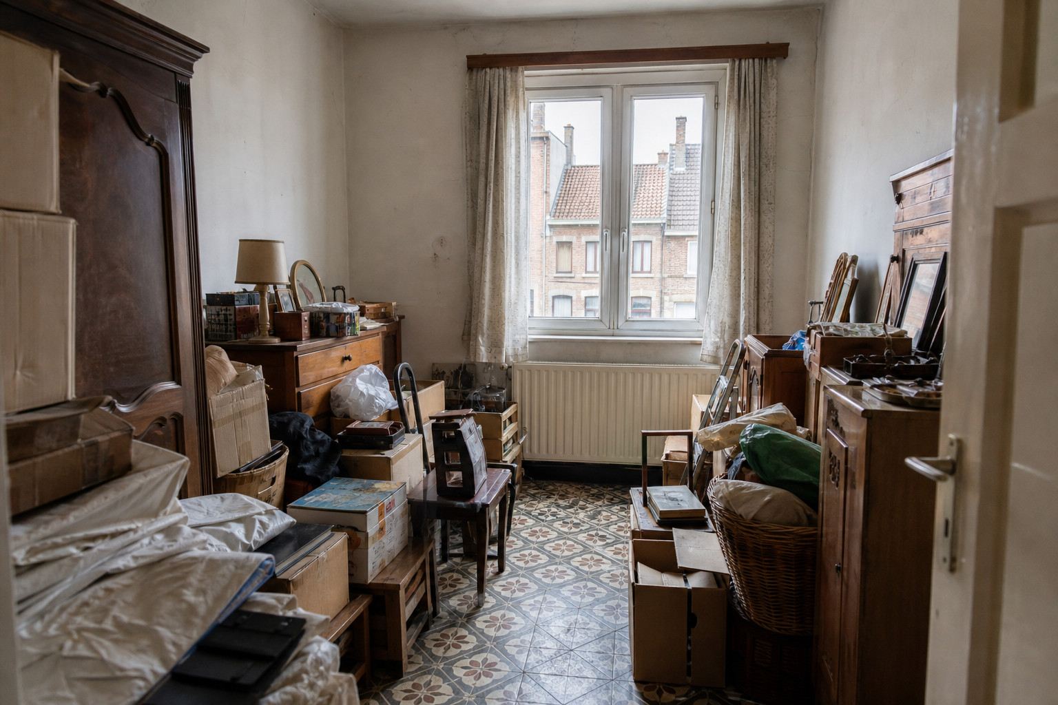 Vide maison ouvrière mitoyenne à Harelbeke : avant, en cours et après — avant débarras