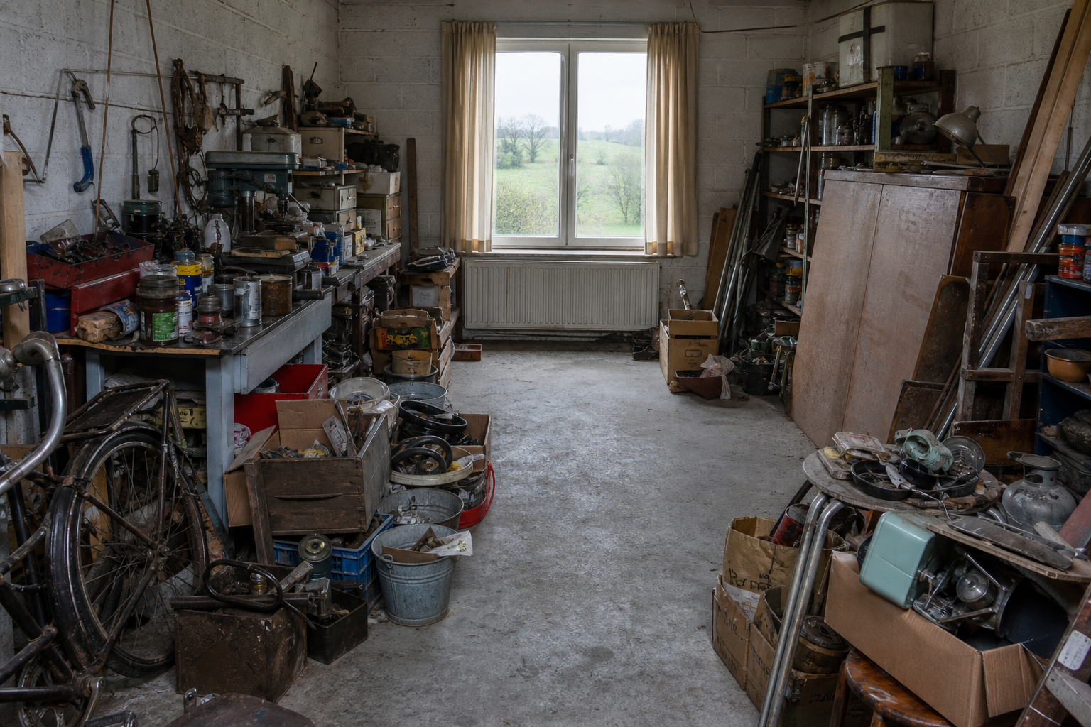 Vide garage-atelier à Héron : avant, en cours et après — avant débarras
