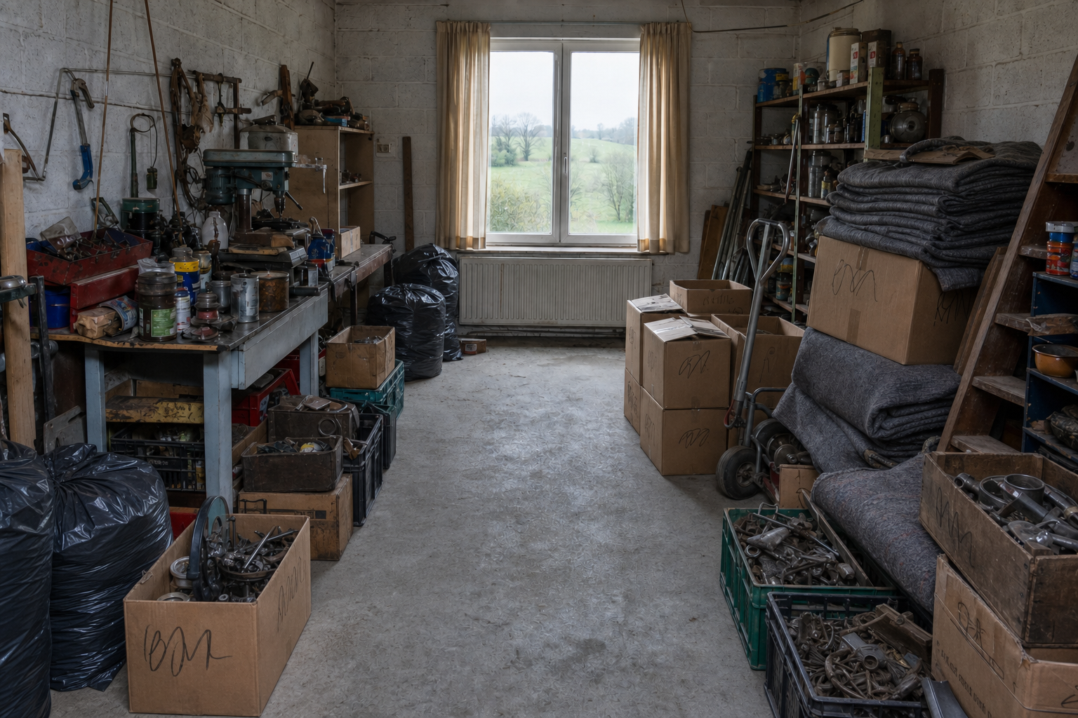 Vide garage-atelier à Héron : avant, en cours et après — intervention en cours