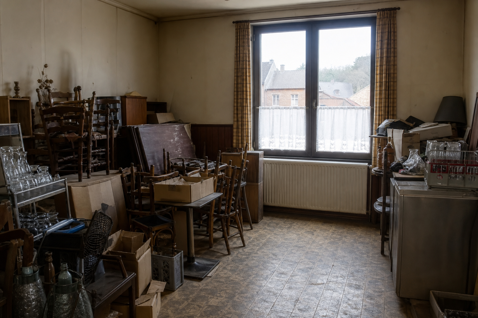 Vide ancien café avec logement à Hoegaarden : avant, en cours et après — avant débarras