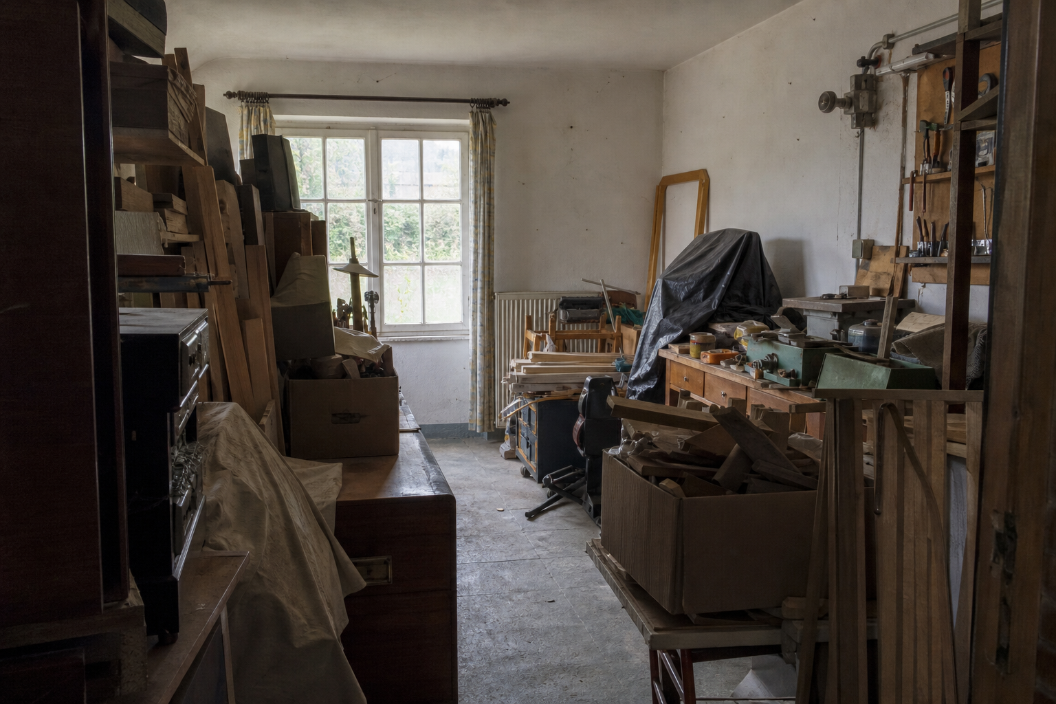 Vide garage-atelier à Hotton : avant, en cours et après — avant débarras