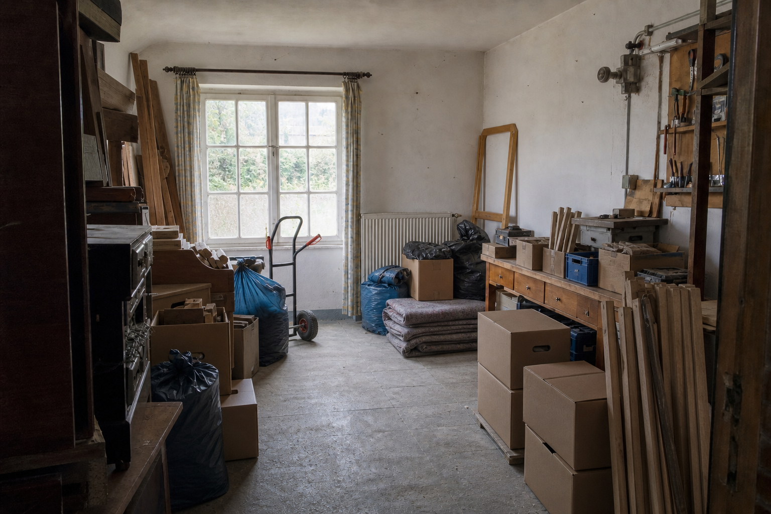 Vide garage-atelier à Hotton : avant, en cours et après — intervention en cours