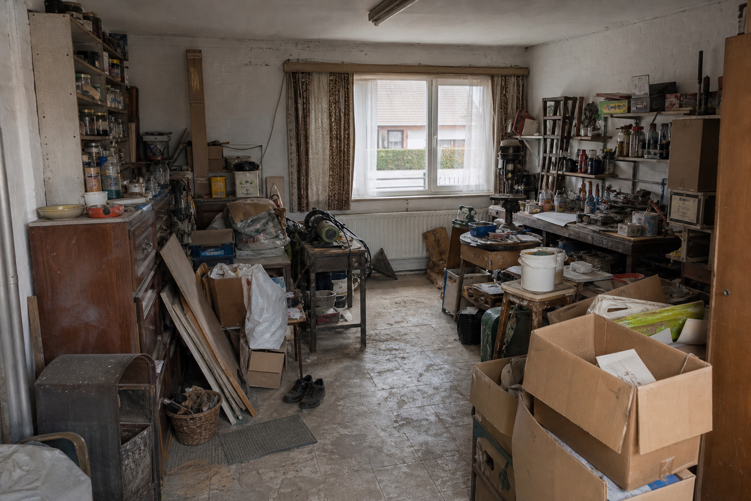 Vide garage-atelier à Houthalen-Helchteren : avant, en cours et après — avant débarras