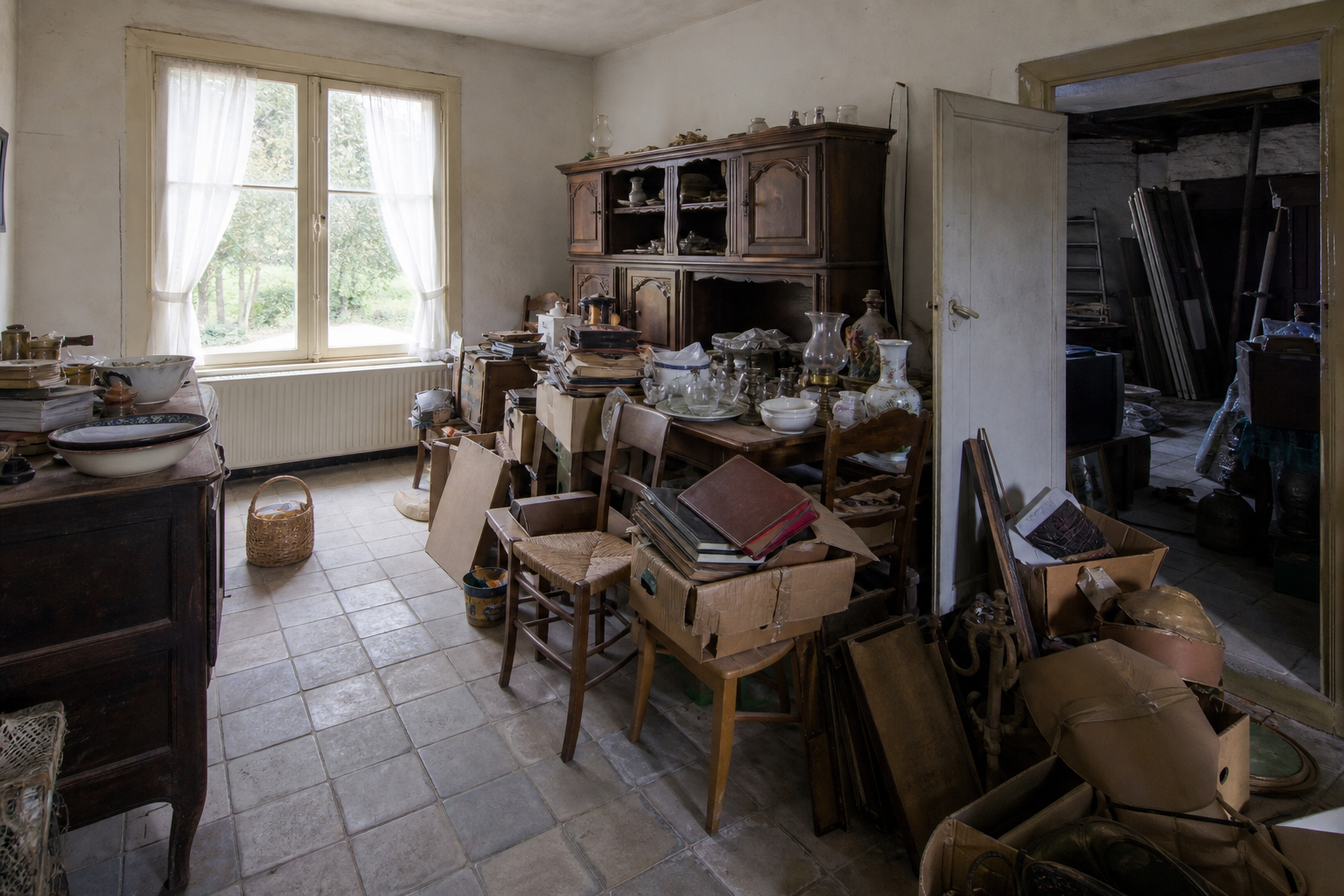 Vide maison villageoise avec grange à Houthulst : avant, en cours et après — avant débarras