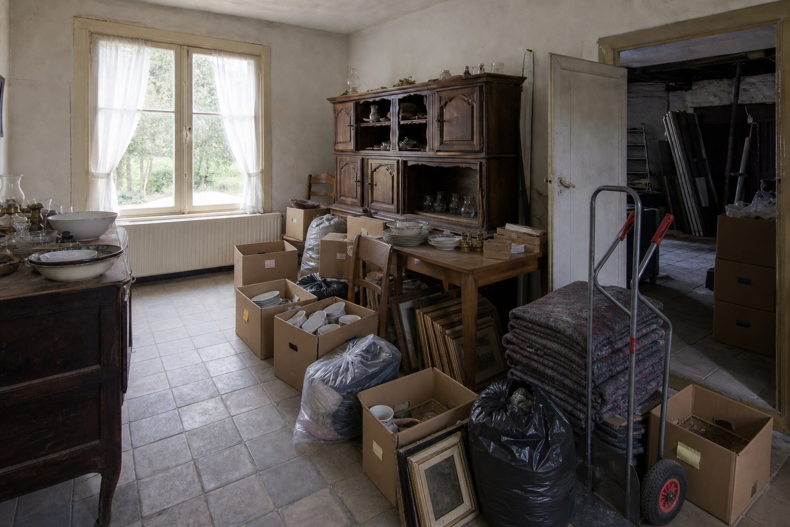 Vide maison villageoise avec grange à Houthulst : avant, en cours et après — intervention en cours