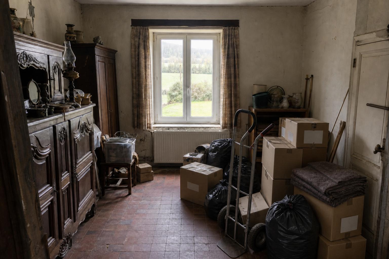 Vide fermette avec dépendances à Houyet : avant, en cours et après — intervention en cours