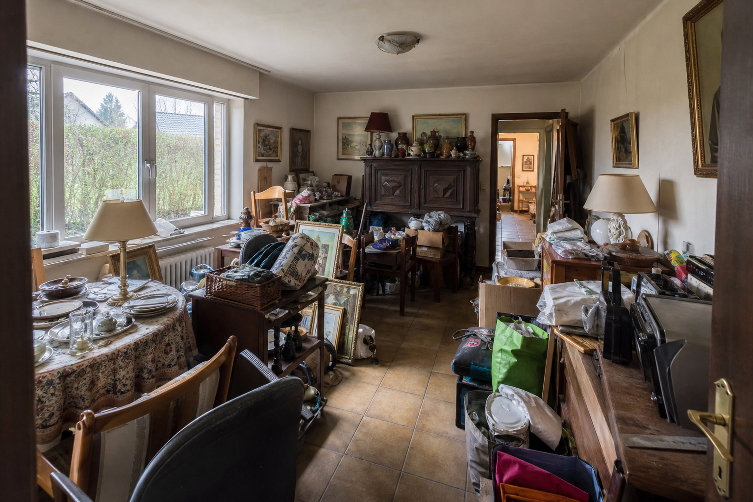 Vide villa quatre façades à Jabbeke : avant, en cours et après — avant débarras