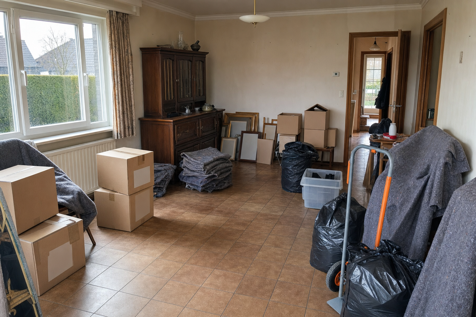 Vide villa quatre façades à Jabbeke : avant, en cours et après — intervention en cours