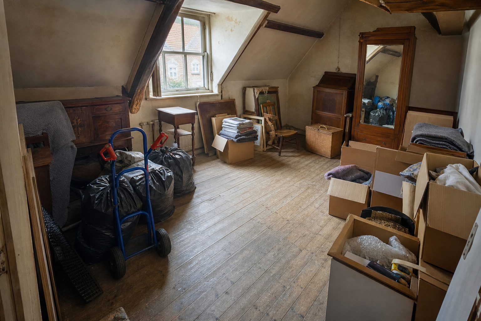 Débarras de grenier et de maison à Jette : avant, en cours et après — intervention en cours