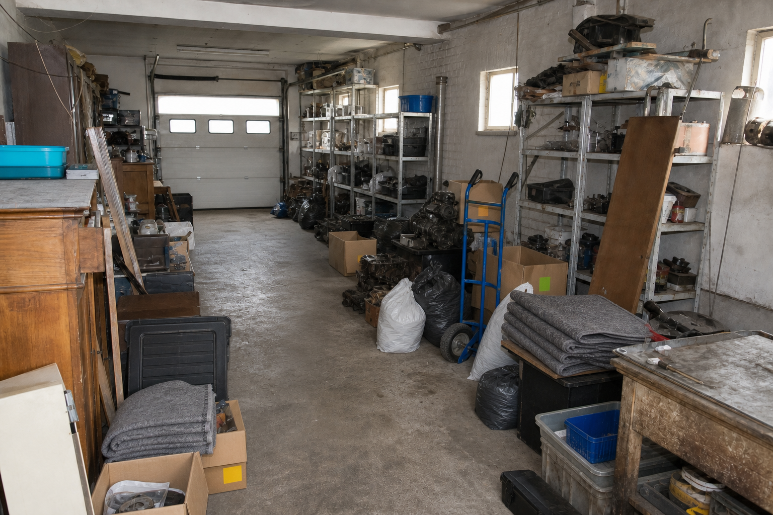 Vide garage-atelier à Kaprijke : avant, en cours et après — intervention en cours