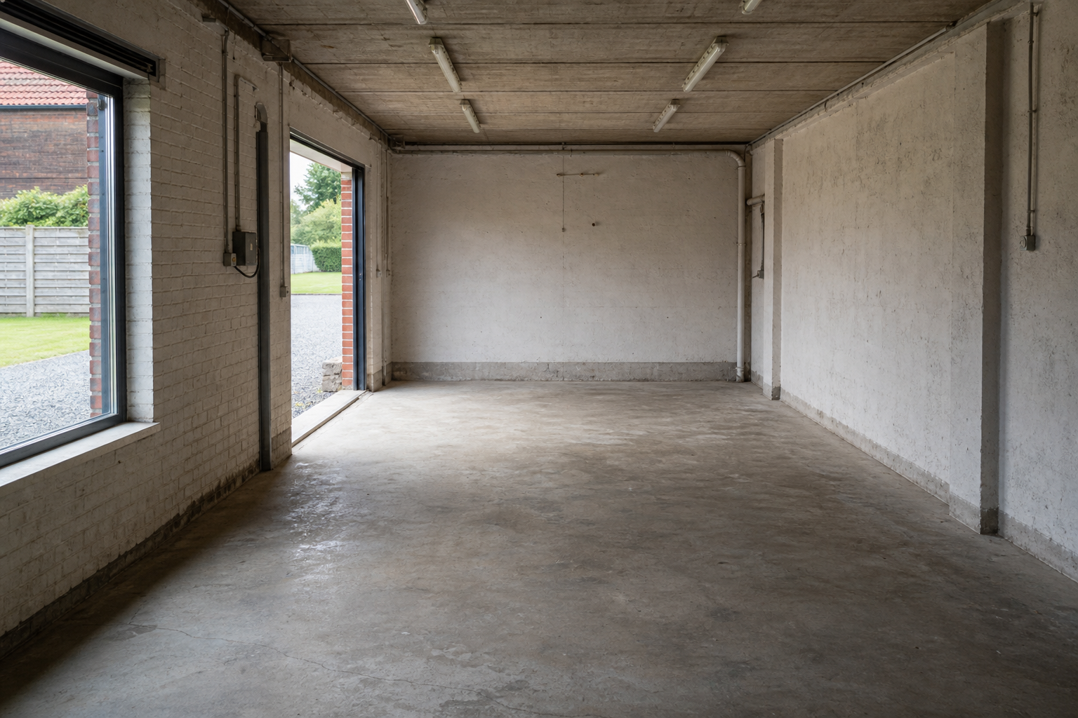 Vide garage-atelier à Koekelare : avant, en cours et après — après débarras