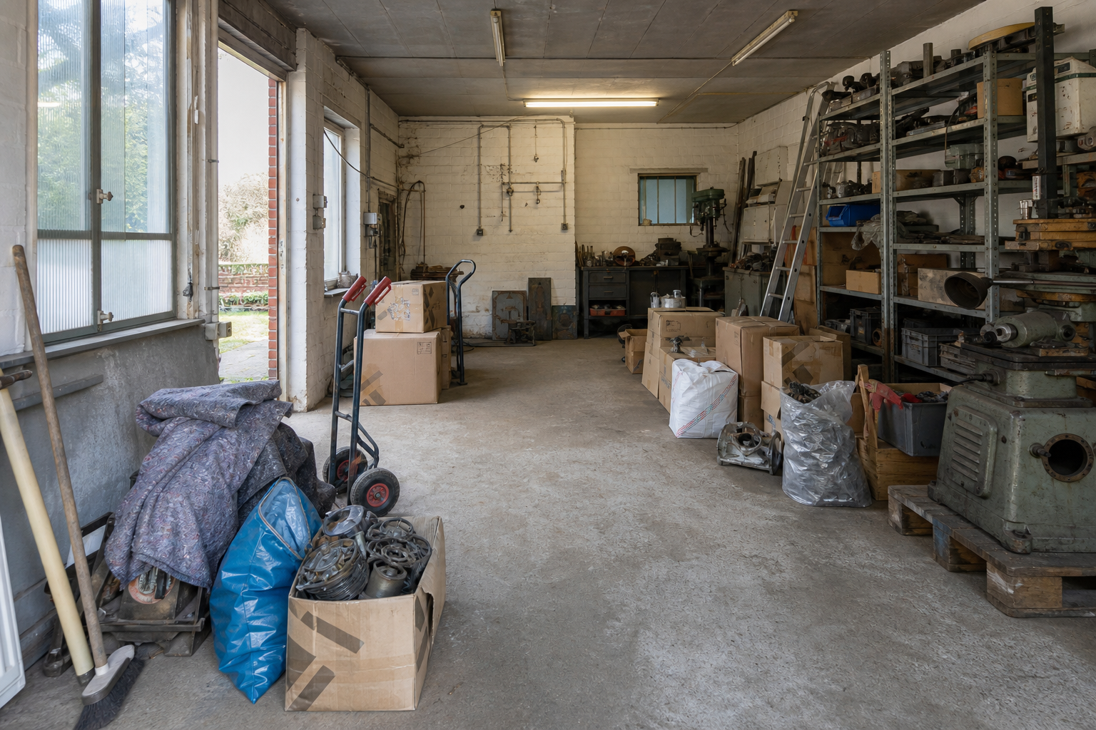 Vide garage-atelier à Koekelare : avant, en cours et après — intervention en cours