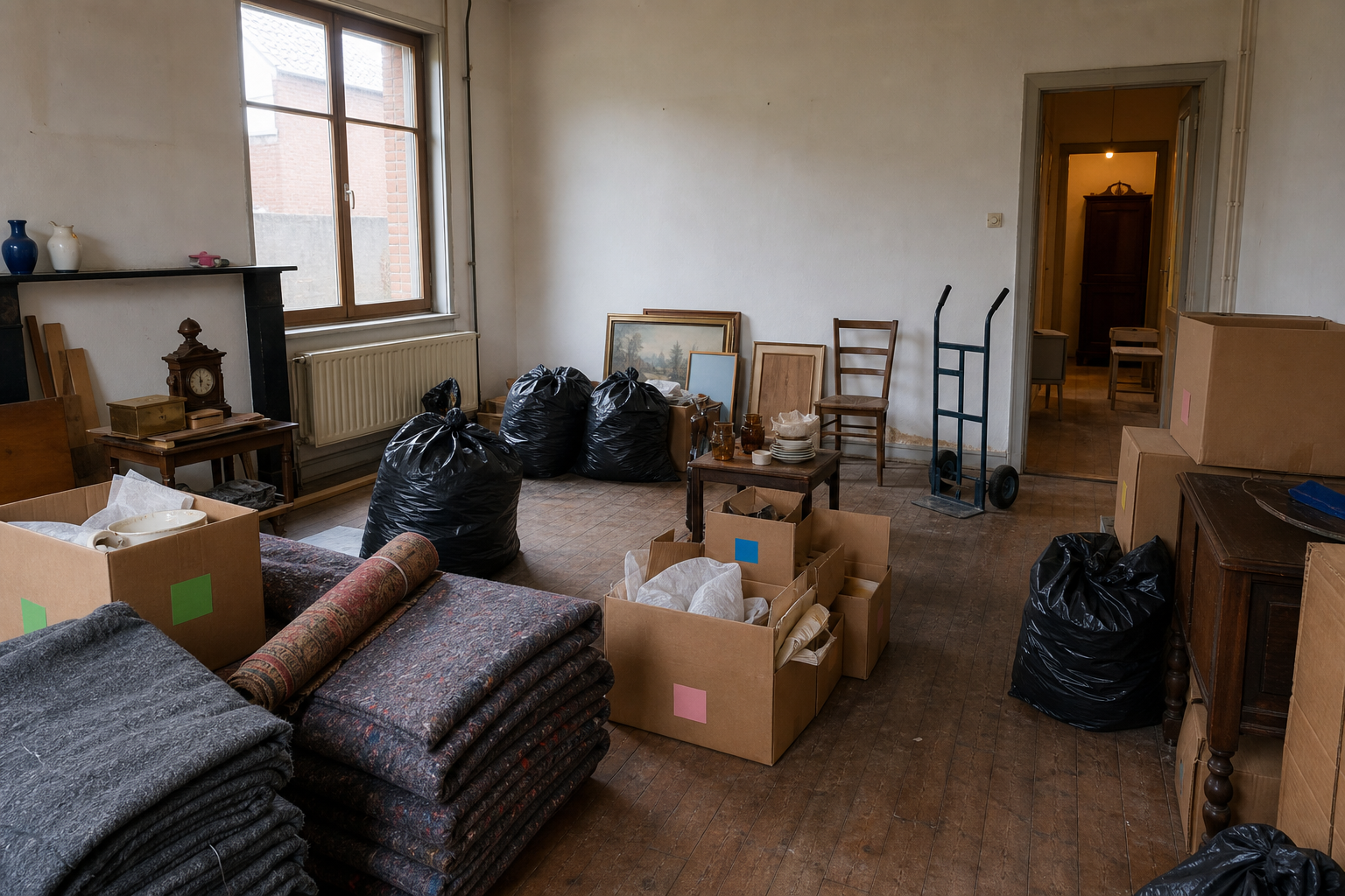 Débarras complet avant rénovation à Kortemark : avant, en cours et après — intervention en cours